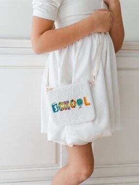 NWT Beaded School Days Crossbody Purse White Teacher Gift Pencil Apple Bag